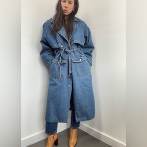 Together Vintage 80's Mid Wash Blue Long Denim Trench Coat Jacket Belted Size L
